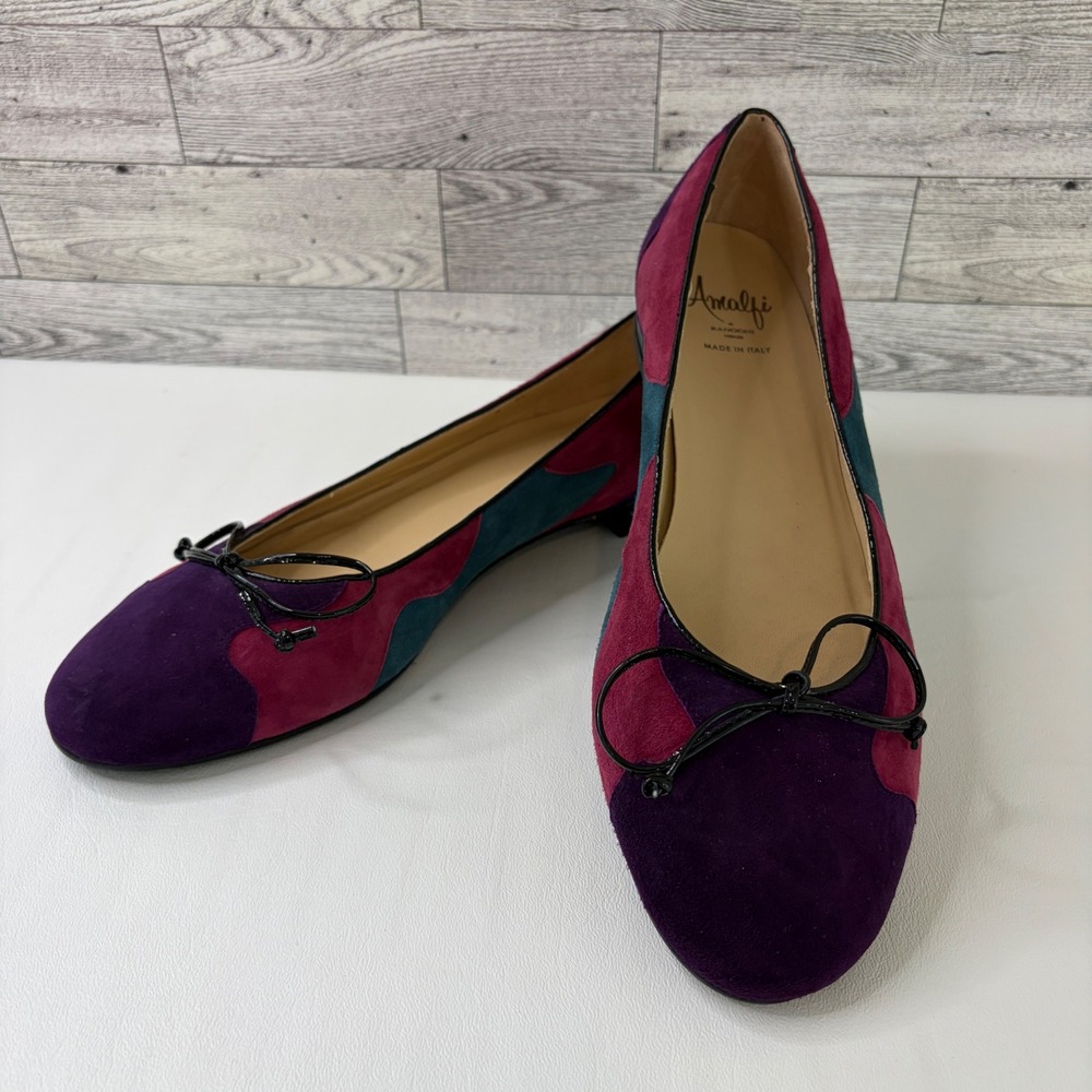 Amalfi by Rangoni Ballet Flats Women 9 Purple Colorblock Suede Bow Made in Italy